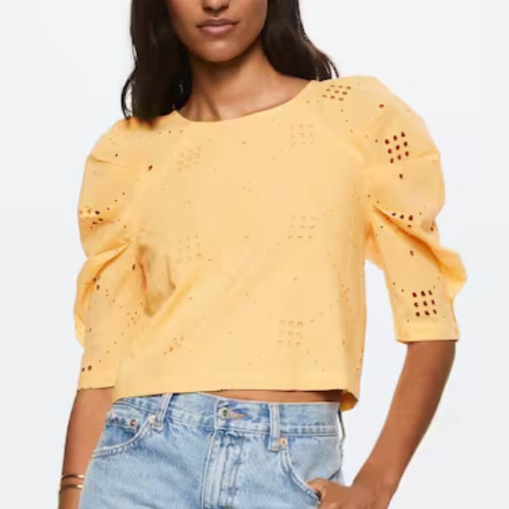 Mango Puff-sleeved yellow cropped blouse.